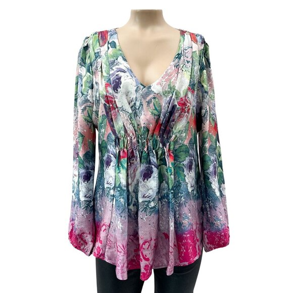 Sundance Samantha Silk Long Sleeve Boho Floral Pleated V-Neck Empire Top Women S - Picture 1 of 12
